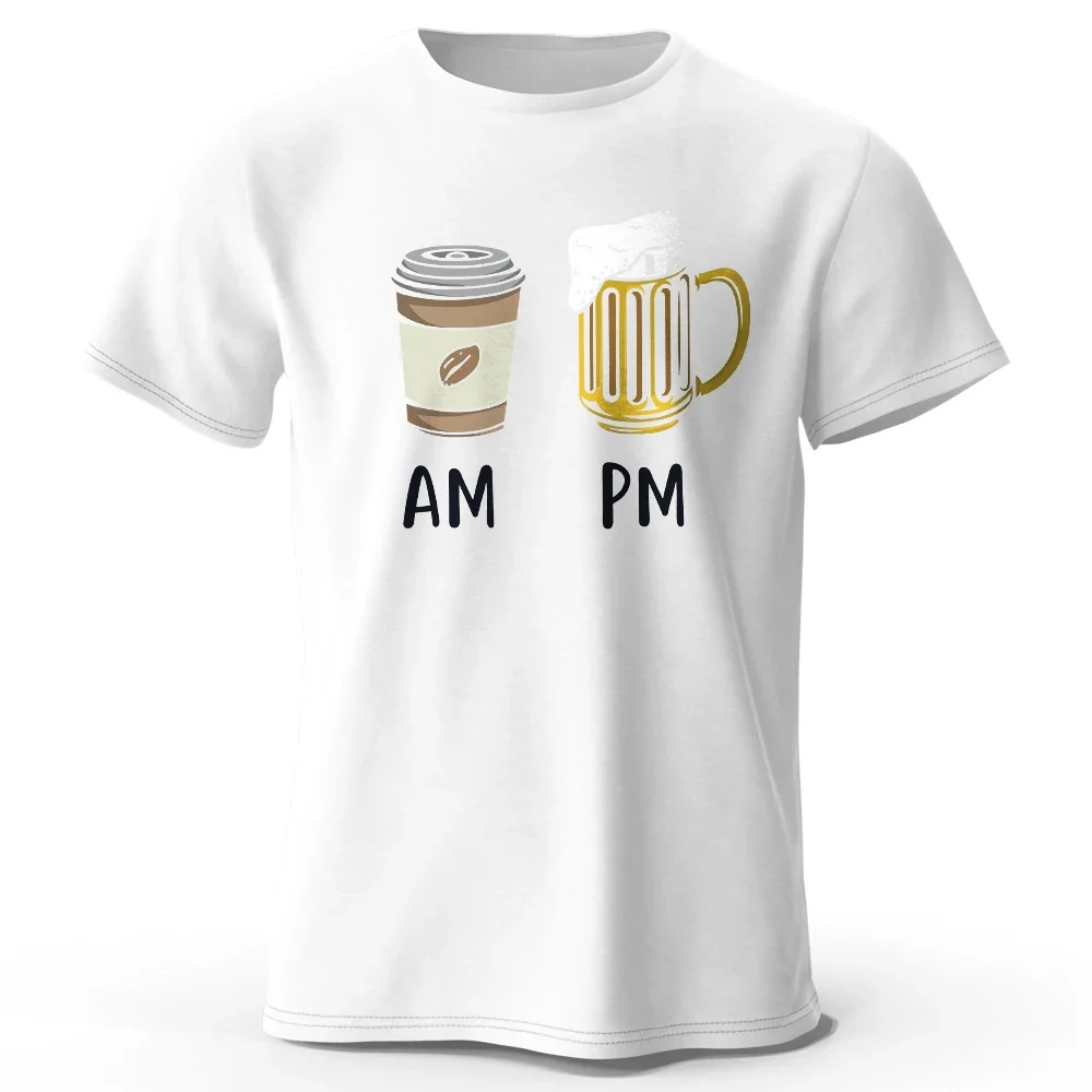 Men's short-sleeved 100% cotton T-shirt with night drinking and morning coffee pattern, loose fit T-shirt