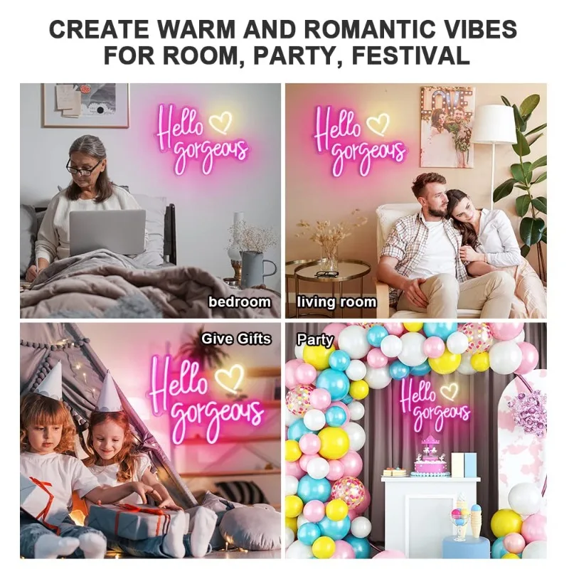 Olá lindo Neon Light para meninas, quarto romântico LED, festa de casamento, luz de néon ajustável, parede, bar, branco quente, 5V, energia USB