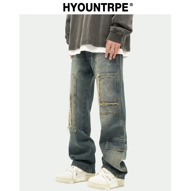 

Retro Washed Denim Jeans Destroyed Ripped Loose Mens Biker Jeans Side Pocket Fashion Streetwear Hip Hop Straight Pants Joggers