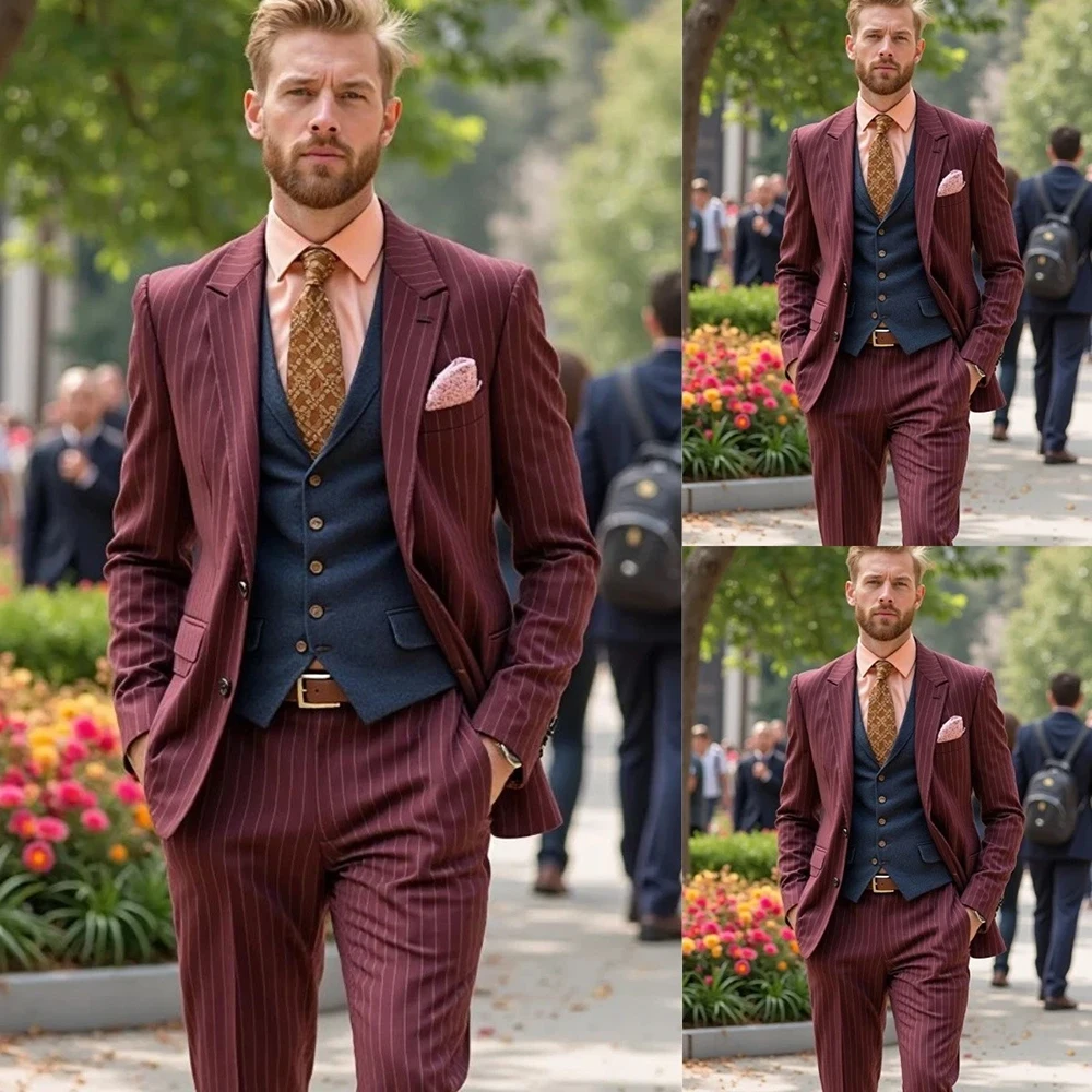 

High Quality Stripe Men's Suits 3 Piece Jacket Pants Sets Outfits Customzied Single Breasted Peak Lapel Slim Fit Male Clothing