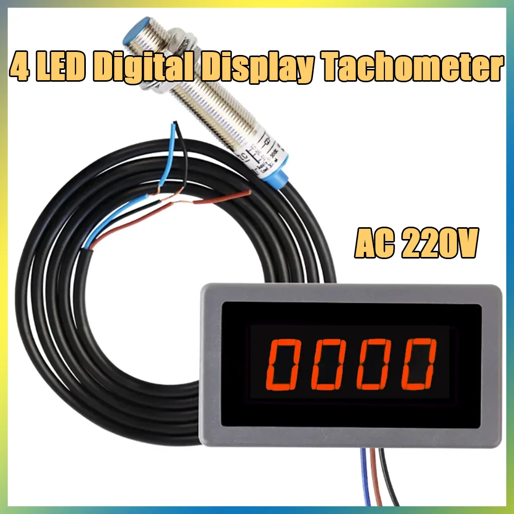 

AC 4Bit Digital LED AC 220V High Precision Digital Tachometer RPM Speed Meter+Hall Proximity Switch Sensor NPN Red Tachometer
