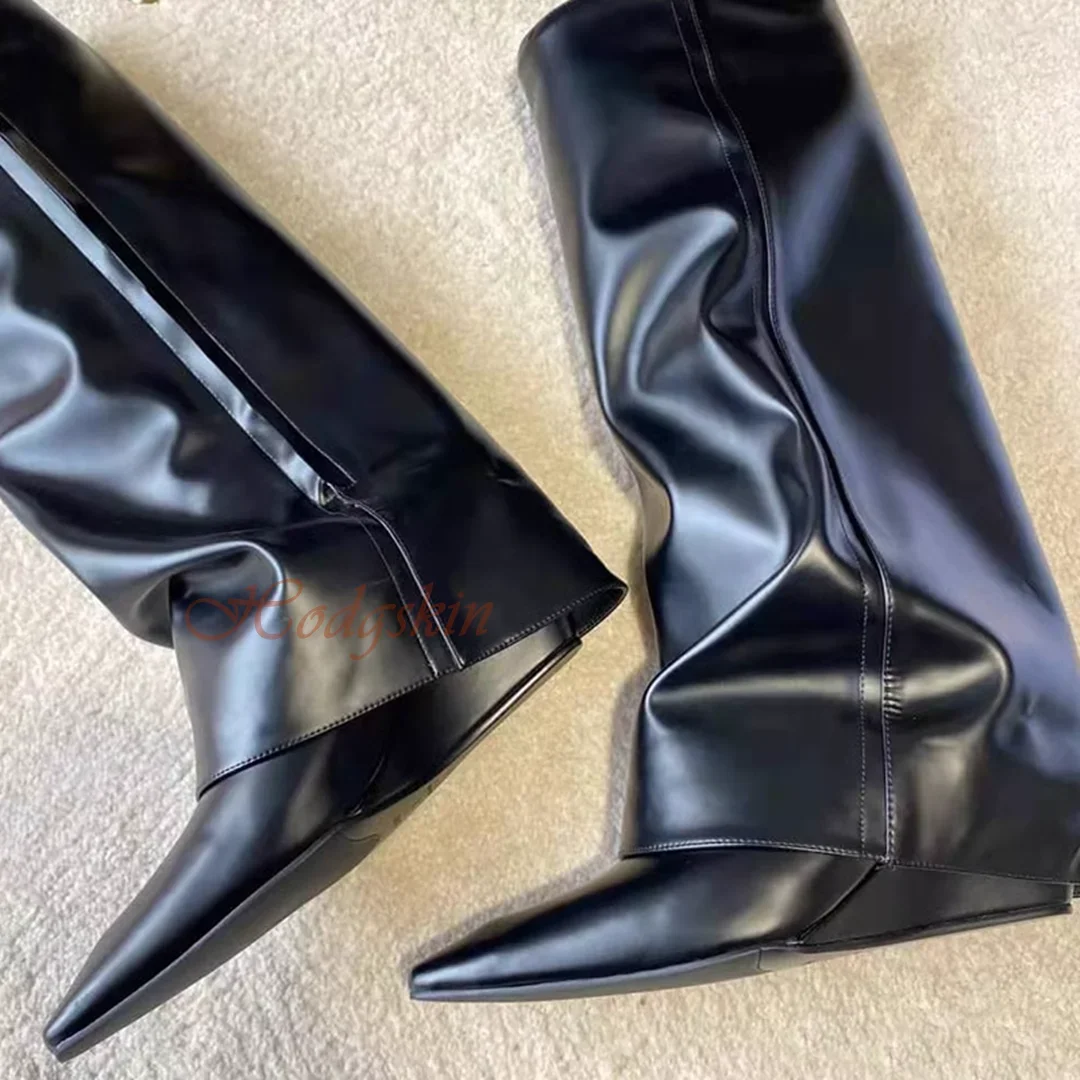 Pointed Toe Pleated Skinny Boots Wedge Heel Fashion All-Match High Shoes Side Zipper Solid Knee High Boots Women Winter Party