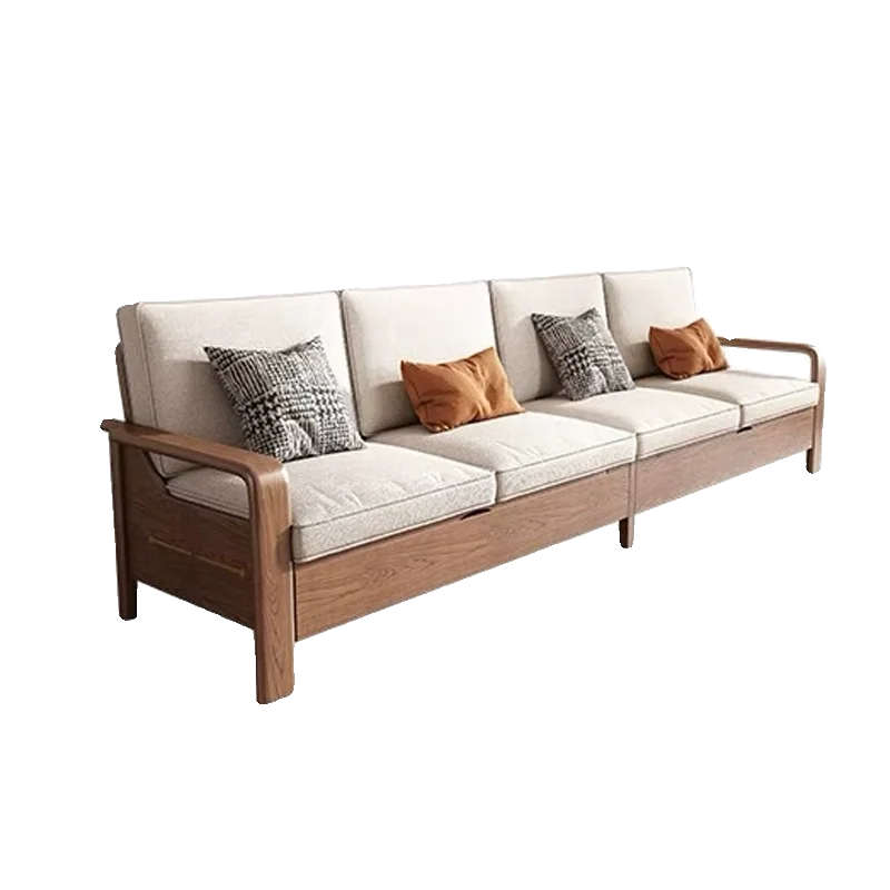 

New Chinese living room simple modern solid wood sofa black walnut small apartment Nordic style straight row fabric