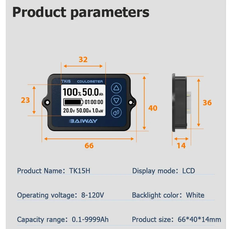 TK15 Battery Capacity Indicator 8-120V 50A/100A/350A Coulomb Meter Professional Battery Monitor for E-bike Balance Car Machine