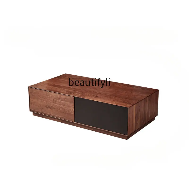 

North America Black Walnut Solid Wood Creative Designer Living Room Coffee Table Drawer Nordic Modern Black Glass Coffee Table