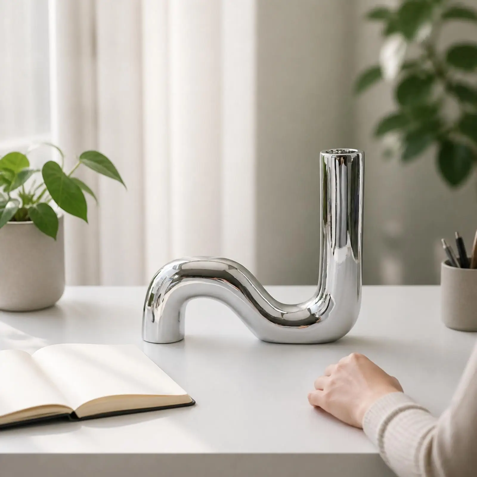 Silver Electroplated Resin Vase Minimalist Sculptural Cylindrical Vase Tabletop Ornament Metal Sleek for Table, Shelf