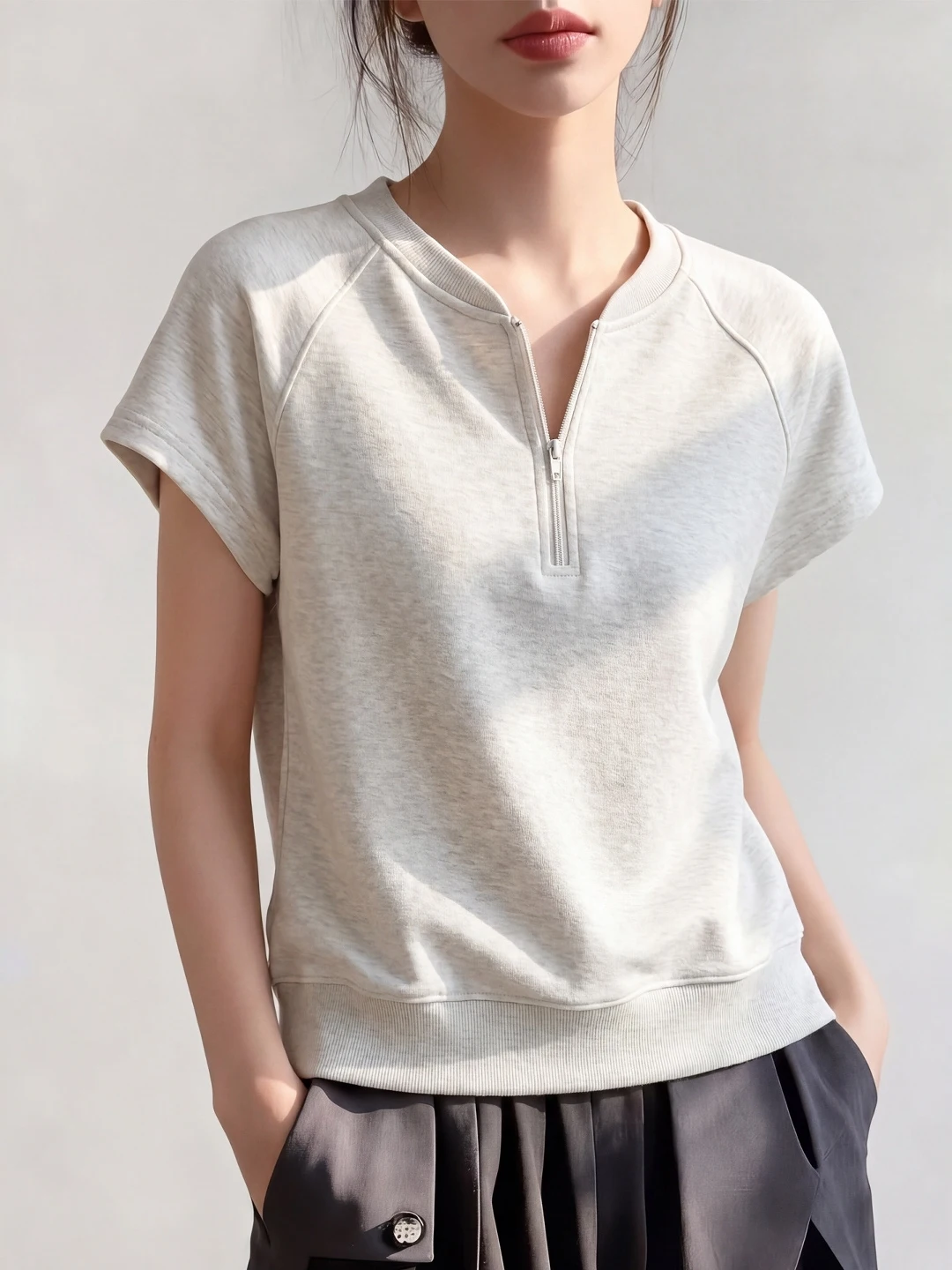 Elegant Half-Zip Short-Sleeve T-Shirt Women's Loose Fitting Belly Covering Summer New Style plus Size Slimming Effect Top