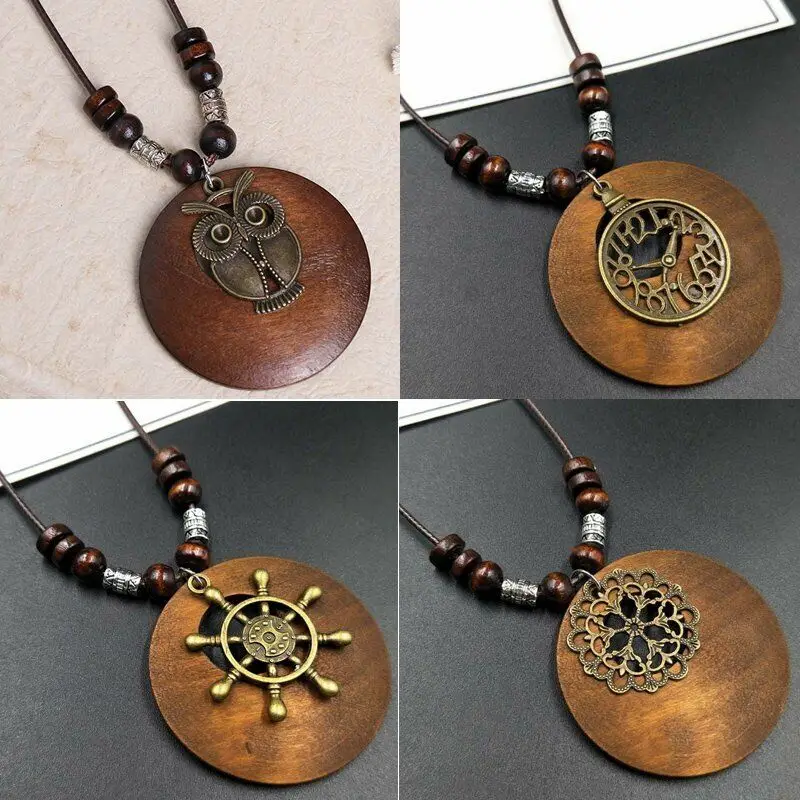 Retro Boho Ethnic Long Pendant Sweater Necklace Wood Beads Women Jewelry Gift