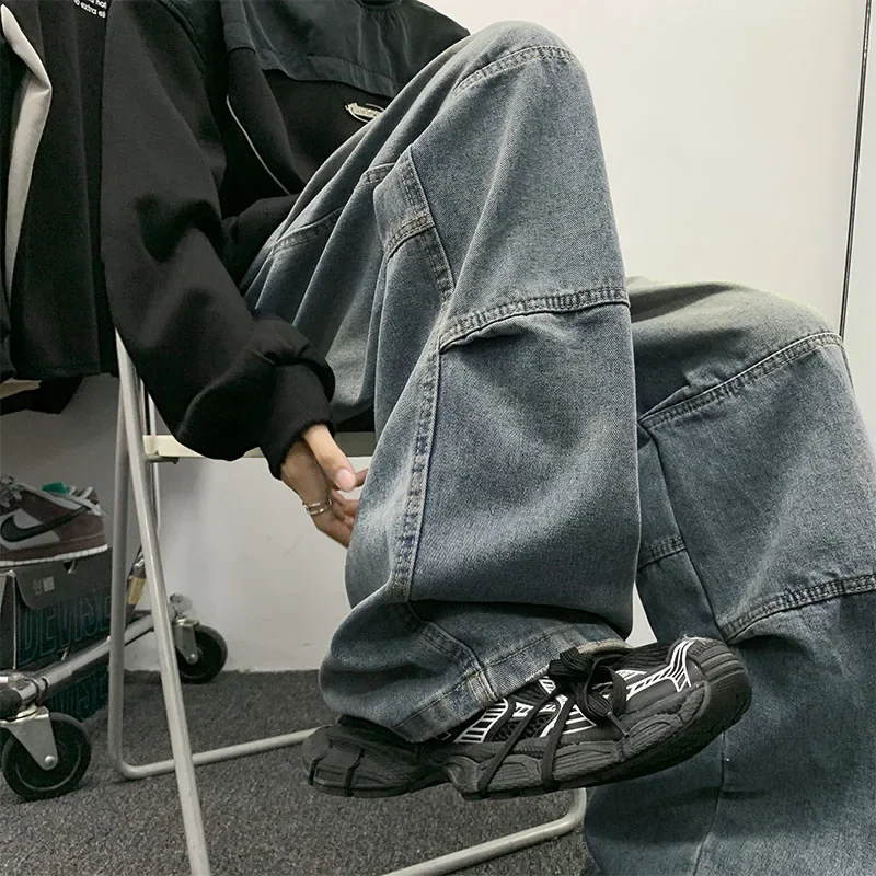 Men Jeans Trendy Straight Leg Denim Pants Classic Blue Hip Hop Street Trousers Harajuku Male Bottoms