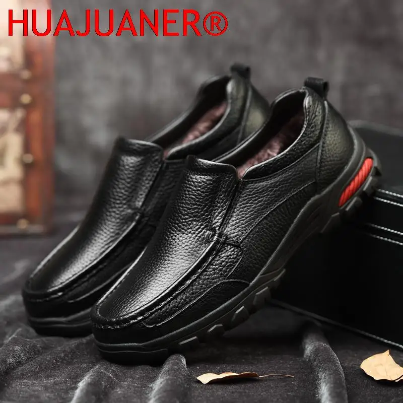 Genuine Leather Tooling Mens Shoes Winter Outdoor Shoes Plush Loafers Men Warm Fur Snow Walking Comfortable Shoe Casual Slip on