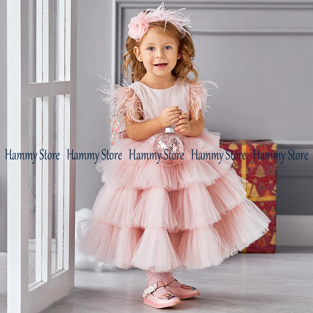 Feathers Flower Girl Dress Cap Sleeve Round Neck Back Big Bow Tiered Tulle Cute First Communion Gown Baby  Party Dresses