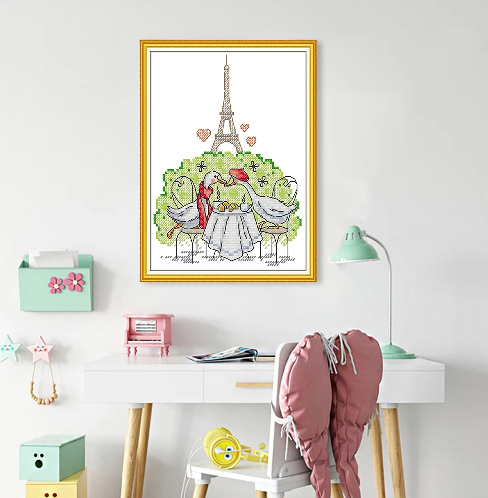 Paris love cartoon cross-stitch living room bedroom hanging painting, 11CT/14CT hand-embroidered