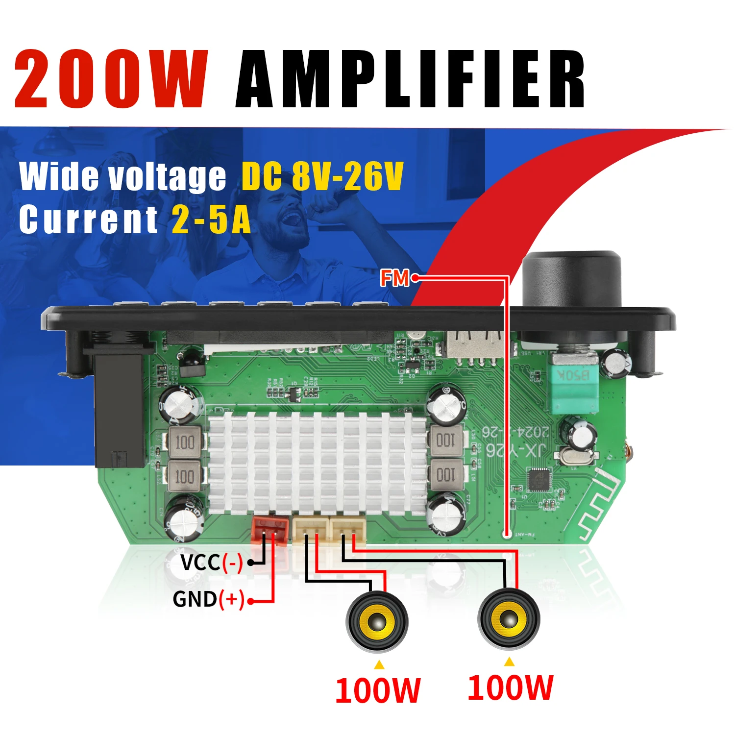 Wzmacniacz 200W Bluetooth Dekoder Płytka DIY 12V 6.5mm Mikrofon FM Radio TF USB Samochodowy odtwarzacz muzyczny Głośniki Regulacja głośności