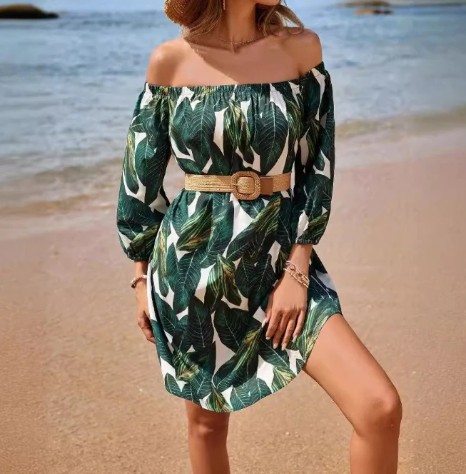 Women's Dress Summer Vacation Sweet Pullover Leaf Print Off the Shoulder Three Quarter Sleeve Loose Fit Straight Mini Dress