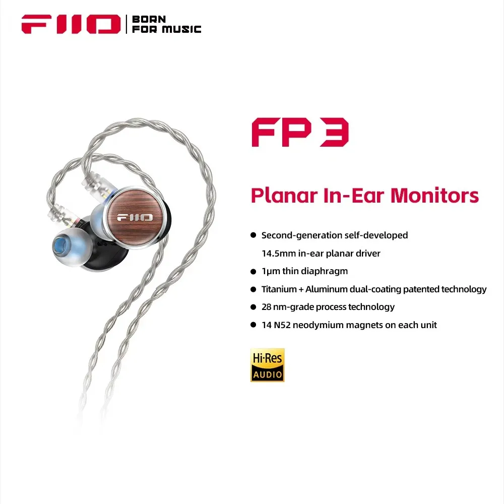 FiiO FP3 HiFi 14.5mm Planar Diaphragm Driver in Ear Earphone, wood faceplate, 0.78mm 2pins cable for for Audiophile Musician