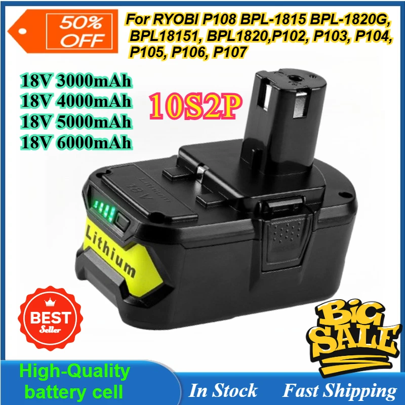 

18V Li-ion Rechargeable Battery for Ryobi ONE Cordless Power Tool BPL1820 P108 P109 P106 P105 P104 RB18L50 RB18L40 6000mAh