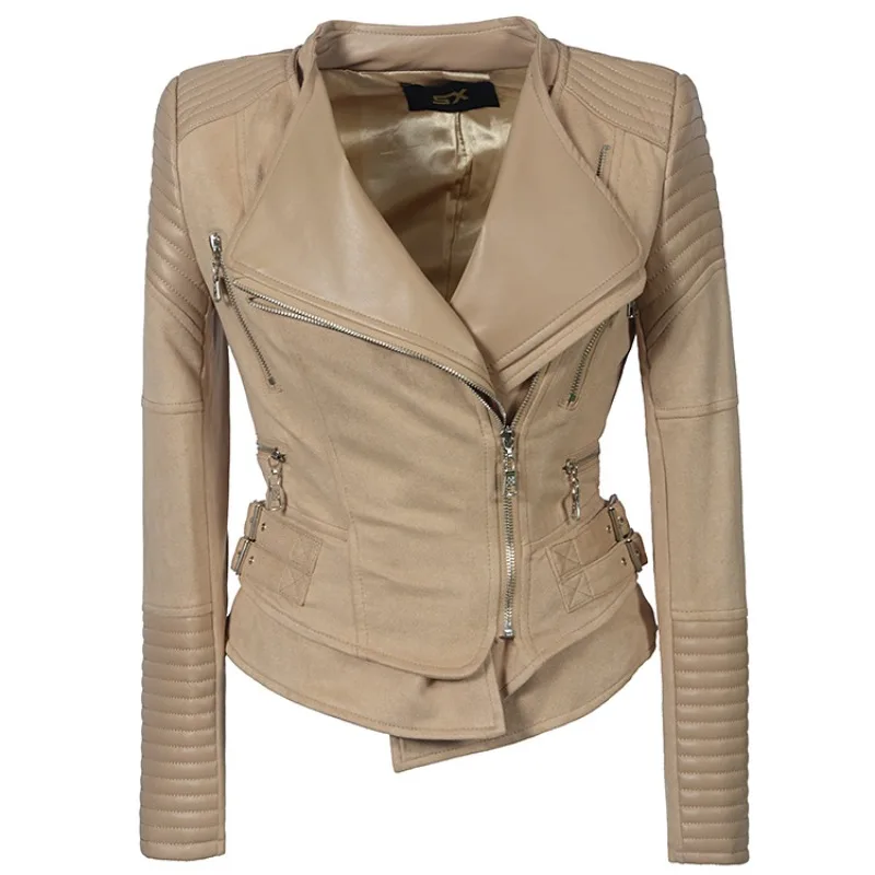 Neu in Jacken Damen Hirschleder Fleece Reißverschluss Gespleißt PU Jacke Kunstleder Schlanke Jacken Dame Herbst Winter Schwarz Modemäntel