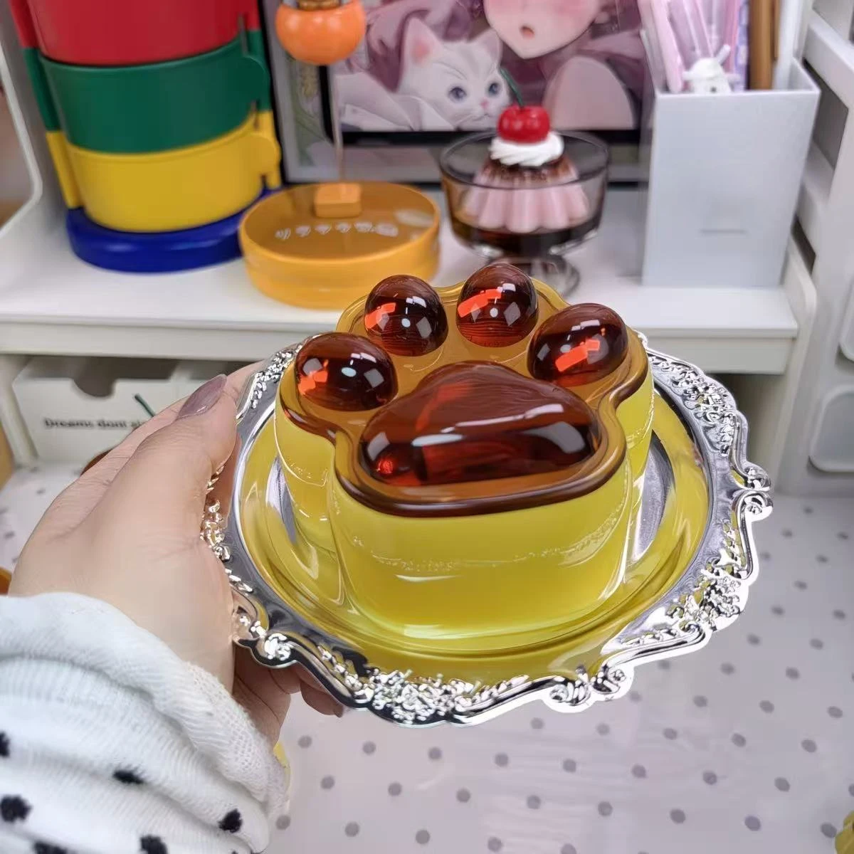 Japanese Showa Caramel Pudding Ring with Cherry Cartoon Simulation High-looking Japanese Ancient Bestie Exquisite Finished Gift