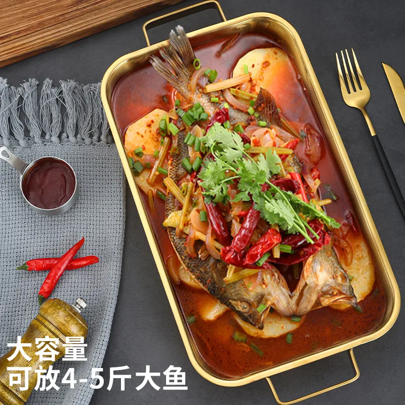 Korean Stainless Steel Grilled Fish Pan Grill Fish Plate /Golden Flat Bottom Rectangular Hot Pot Baking Pan Kitchen Accessories