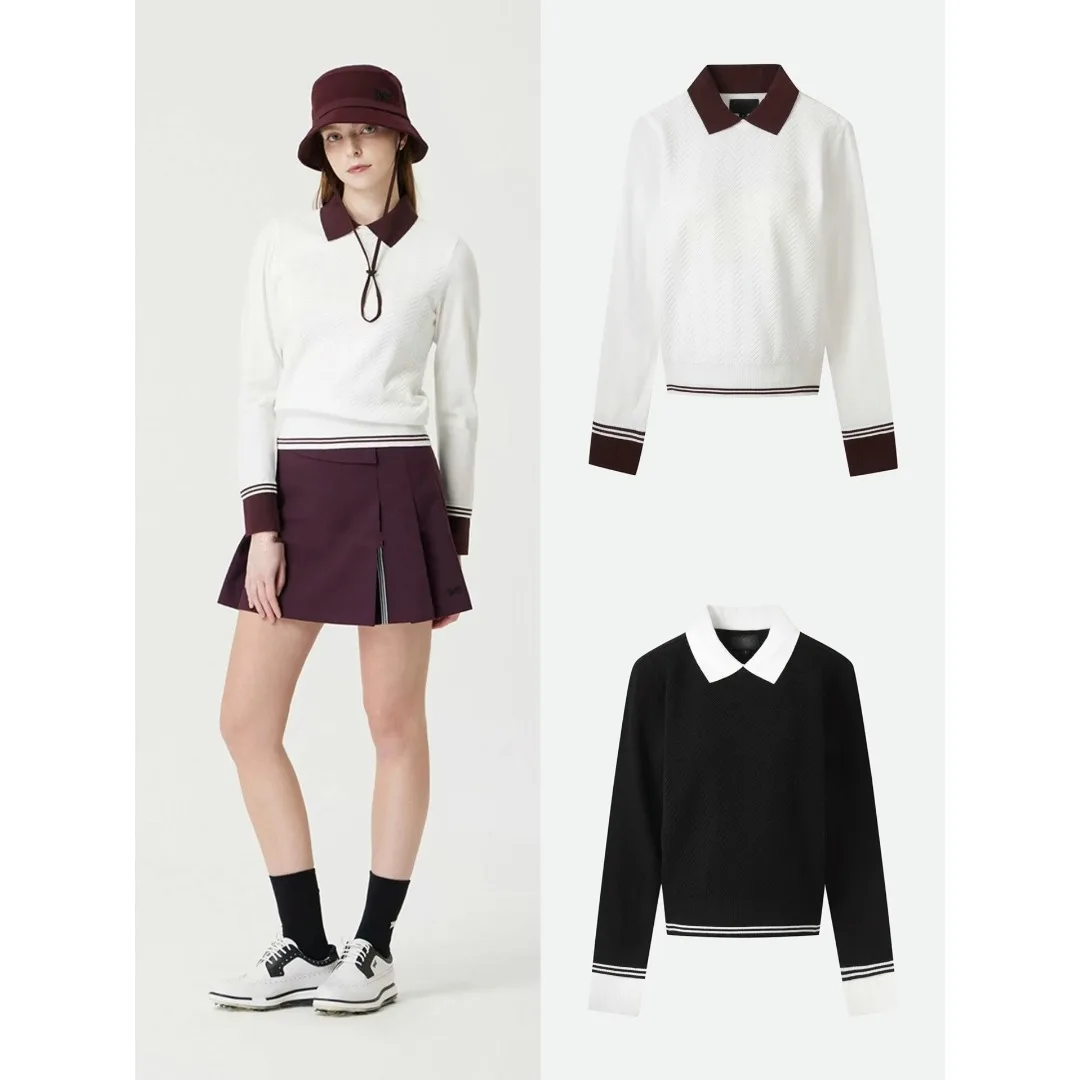 Women's Golf Knit Top 2026 Fall New Korean Style Long Sleeve Polo Collar Colorblock Slim Fit Breathable Outdoor Versatile Trendy