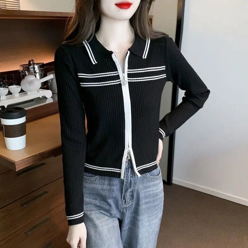 Spring and Autumn Women\'s Splicing Collar New Small High-end Fashion Zipper Lapel Sweater Cardigan Short Slim Fit Trendy Top