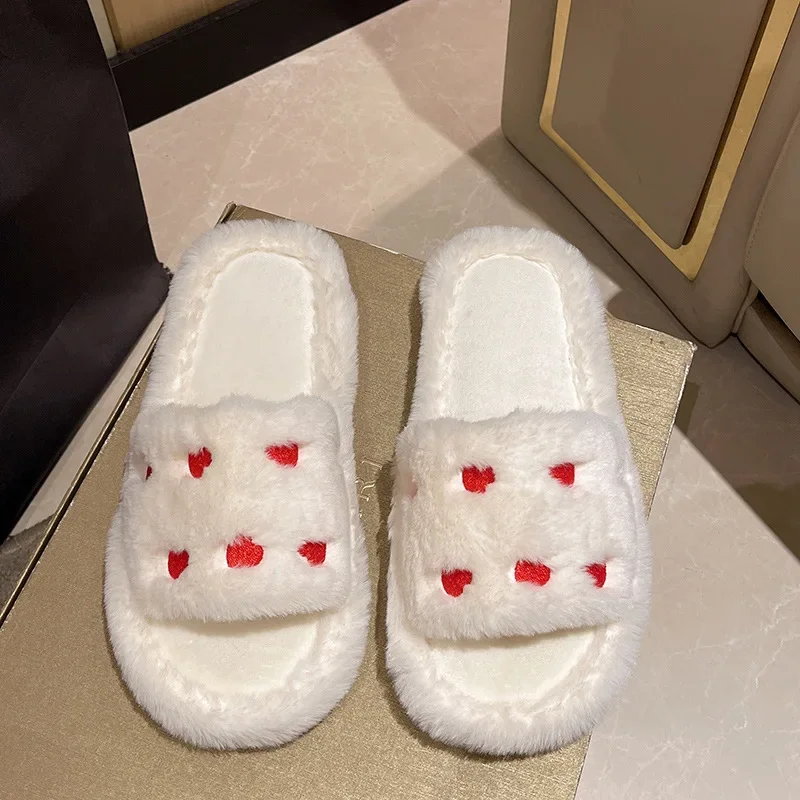 2024 Winter Fashion Heart Embroidery Fluffy Slippers Warm Women House Flats Shoes Autumn Home Thick Warm Floor Cotton Slippers