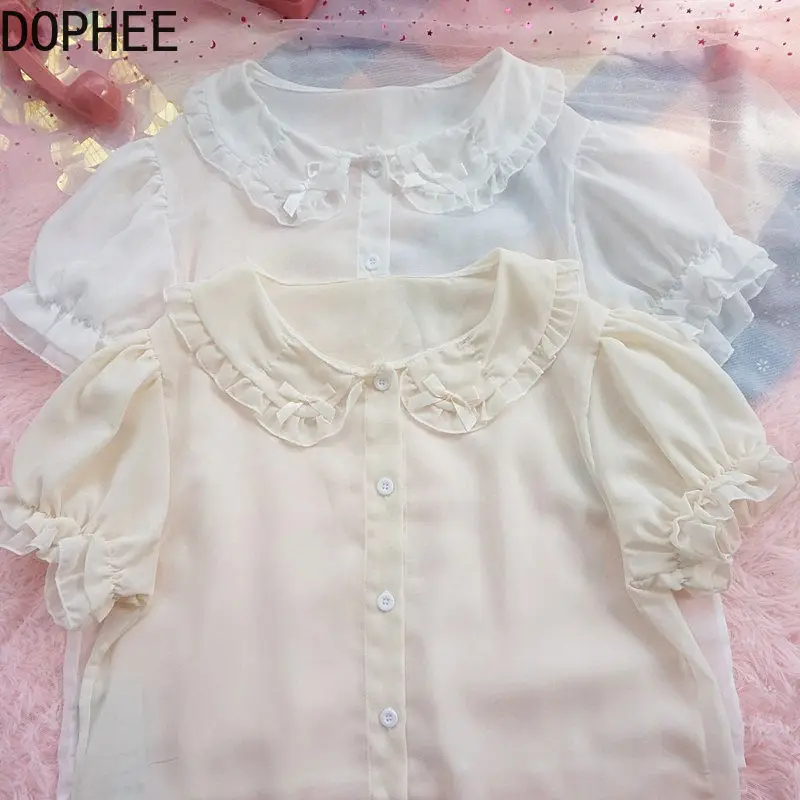 Japanese Lolita Perspective Basic Shirt New Spring Summer Students Peter Pan Collar Top Cute Bow Puff Short Sleeve Women Blouses