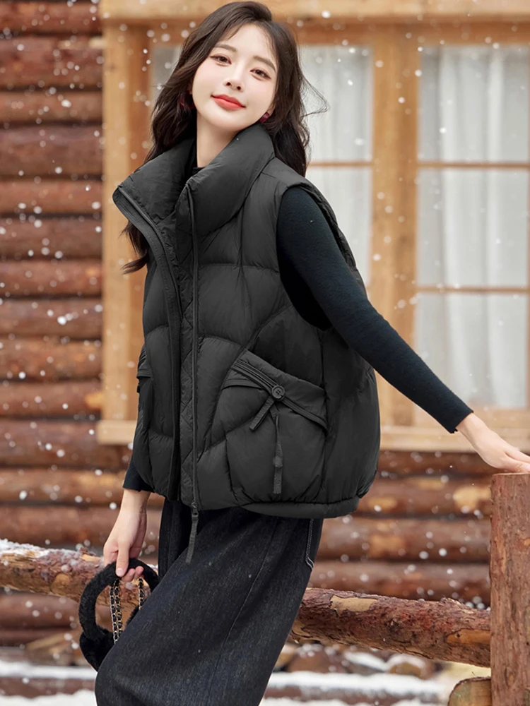 Jesienno-zimowa krótka kamizelka puchowa z wysokim kołnierzem, z białego puchu kaczego, bez rękawów, zapinana na zamek, ciepła kamizelka damska, odzież wierzchnia JJ1080