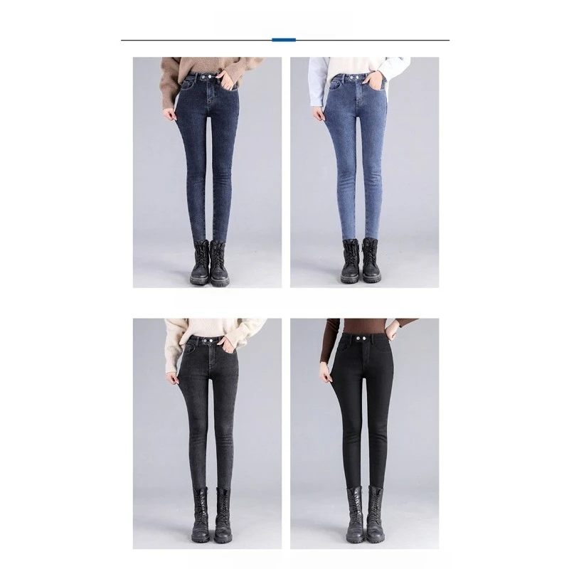 Celana Wanita Model Open Crotch Berbahan Thermal Fleece Jeans Hitam Pinggang Tinggi Slim Fit Stretch Skinny Tapered Celana Musim Dingin Hangat Tebal