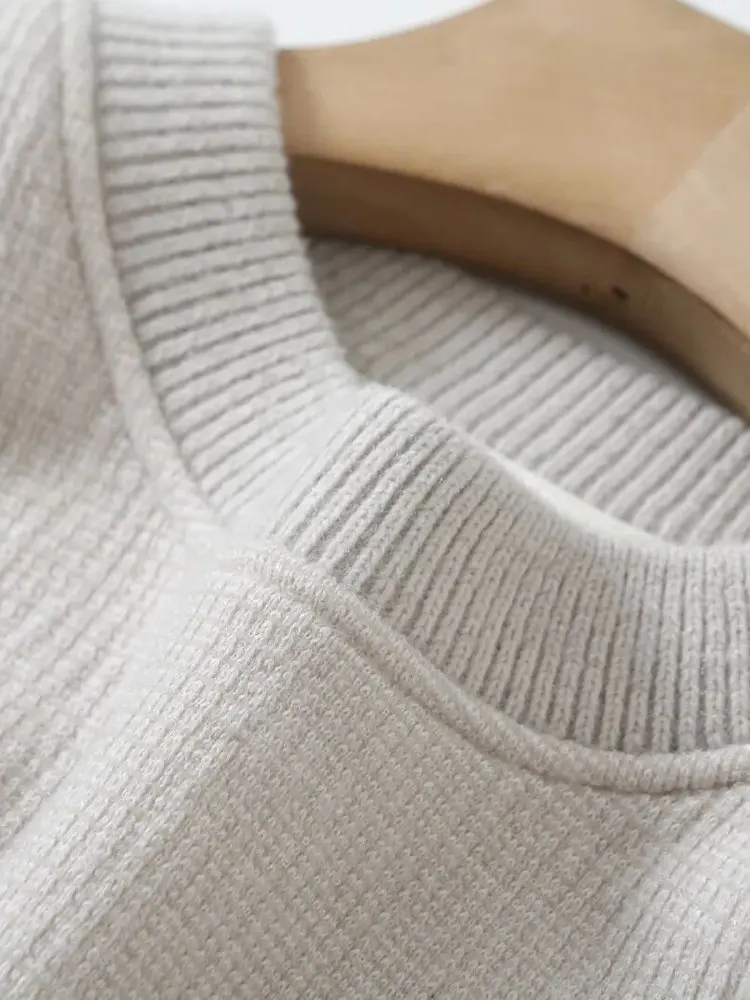 

Warm Fce Lined Knitted Sweater Men's Winter New Faion Casual Sle Polyester Fiber Soft round Ne Pullover Top