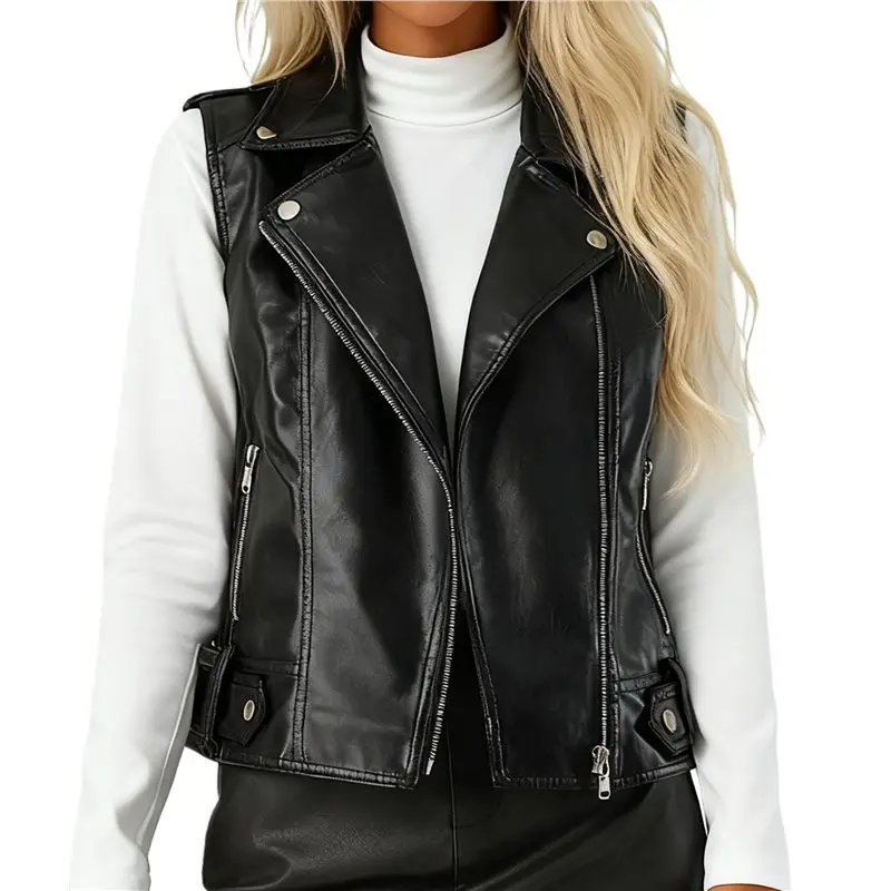 ABRT-Faux Leather Vest For Women Lapel Sleeveless Moto Slim Fit PU Motorcycle Biker Waistcoat