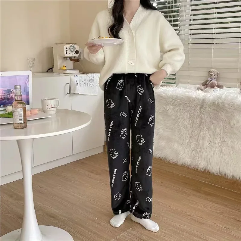 Kawaii Sanrio Hello Kitty Flannel Pajamas Black Women's Warm Wool Cartoon Casual Home Pants Autumn and Winter Fashion Trousers