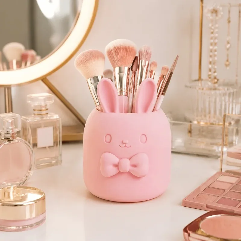 Cute Rabbit Bow Tie Desktop Organizer Multi‑Purpose Storage Box for Makeup Brushes Pens Stationery Home Office Decoration