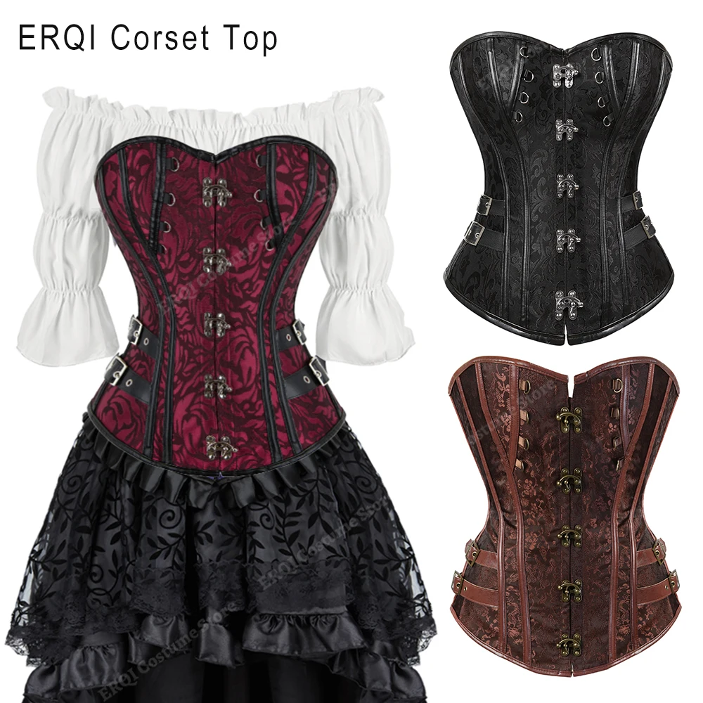 Gorset Steampunk Kobiety Plus Size Piracki Gorset Top Overbust Halloween Koronkowy Kostium Gotycki Steampunk Gorset Metaliczny Czerwony Brązowy