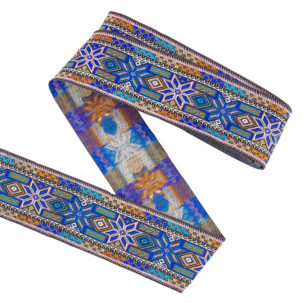 Cintas de poliéster con bordado de estilo étnico, cinta jacquard, cinta tirolesa, accesorios para prendas, patrón floral, azul, 2 pulgadas (50 mm)