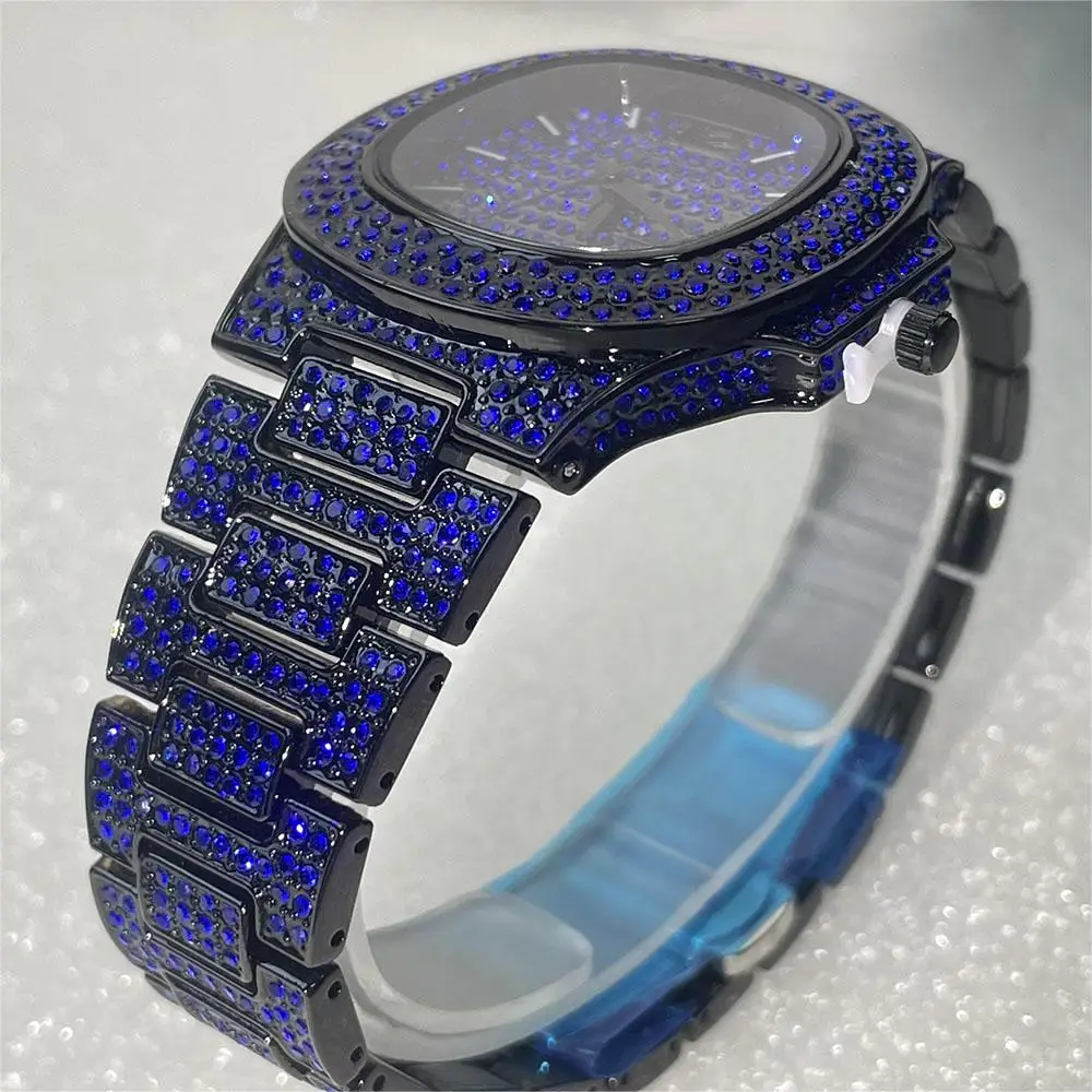 2024 Hot Iced Out Watch For Mens Fashion Stainless Steel Quartz Wristwatch Hip Hop Blue Diamond Jewelry Watches Man Reloj Hombre