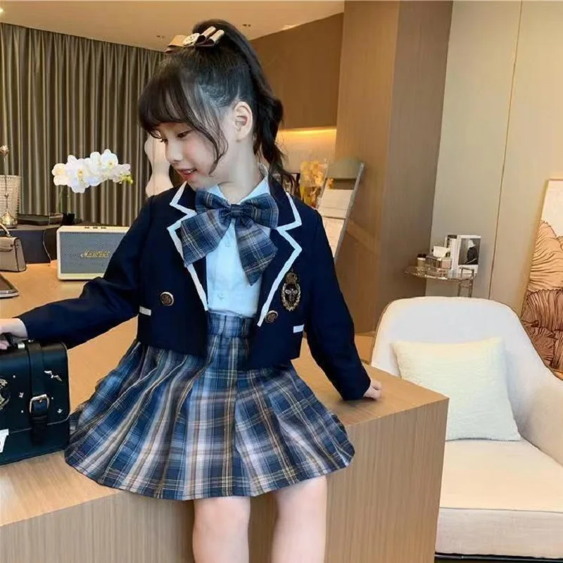 Children Girl Uniform Pleated Skirts Kids School Style High Waist Plaid Skirt Cute Jk Uniforms For Girls Full Set 6 8 9 10 Years