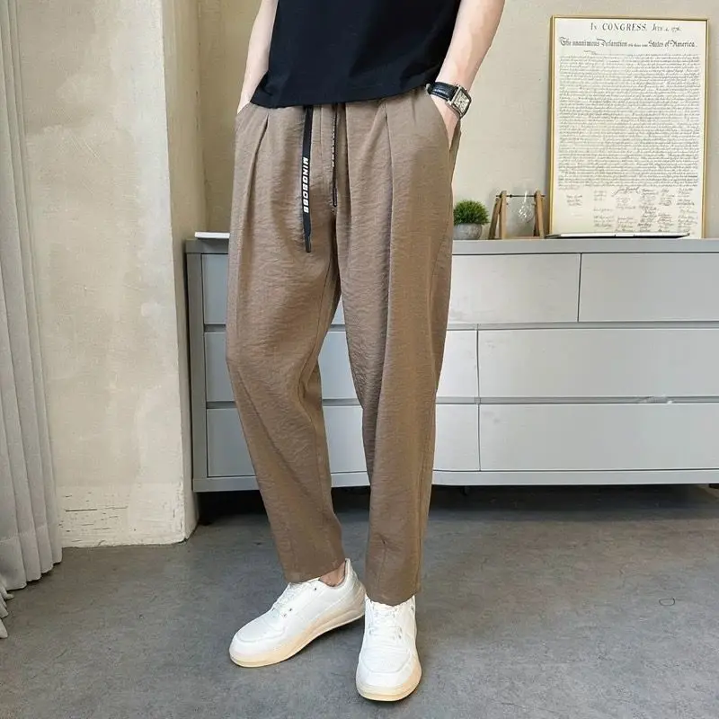 

Thin Ice Silk Men's Casual Pants for Summer Breathable Drooping New Loose Harun Trendy Nine-point Pants