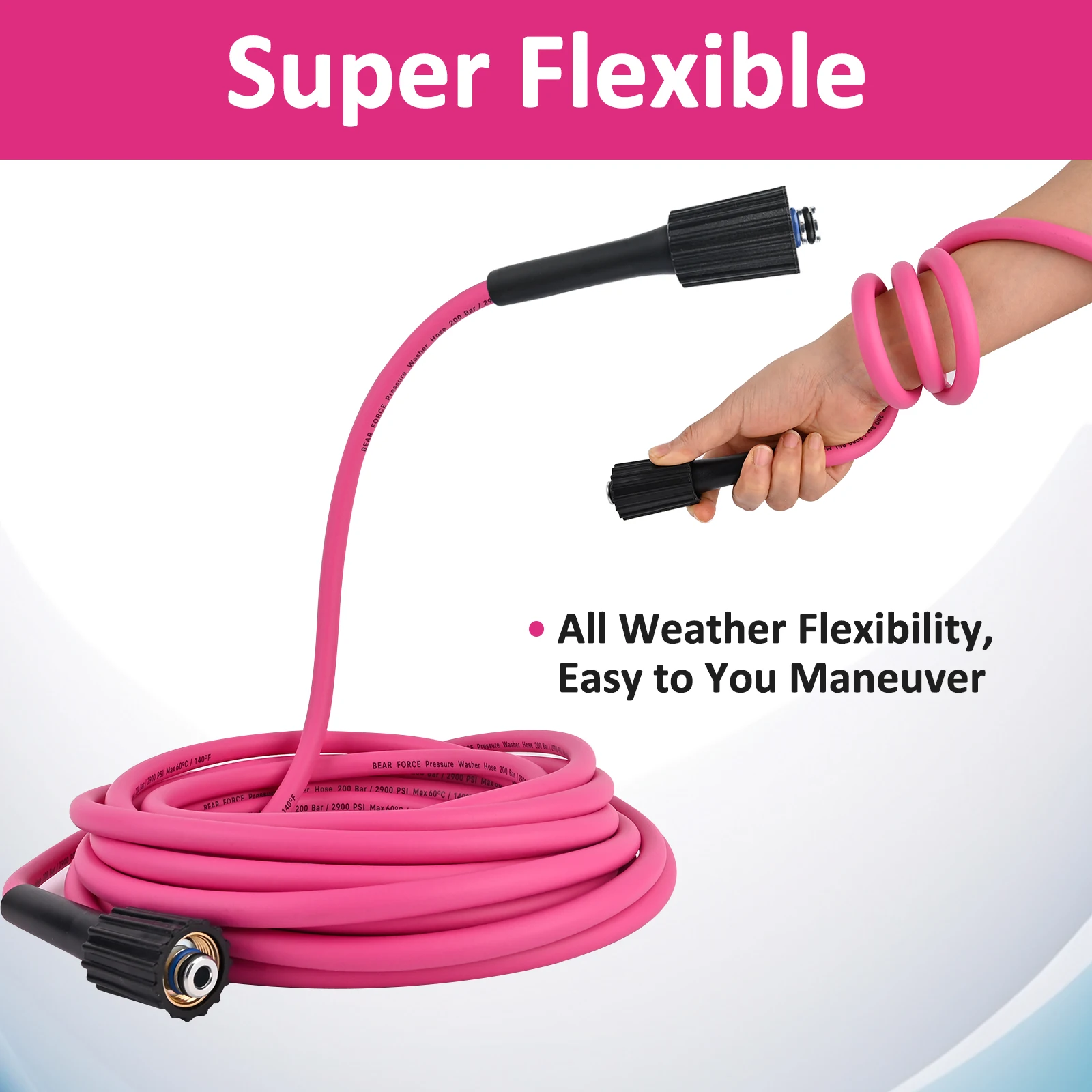 Bear Force Super Flexible Pressure Washer Hose 200Bar Kink Resistant Power Washer Hose 1/4” Car Wash Extension Hose M22 Fitting