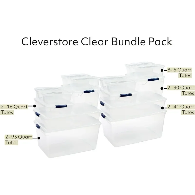 Cleverstore Clear Dorm Variety 16-Pack, Made in USA, Stackable Large Clear Storage Bins with Lids, See-Through Plastic