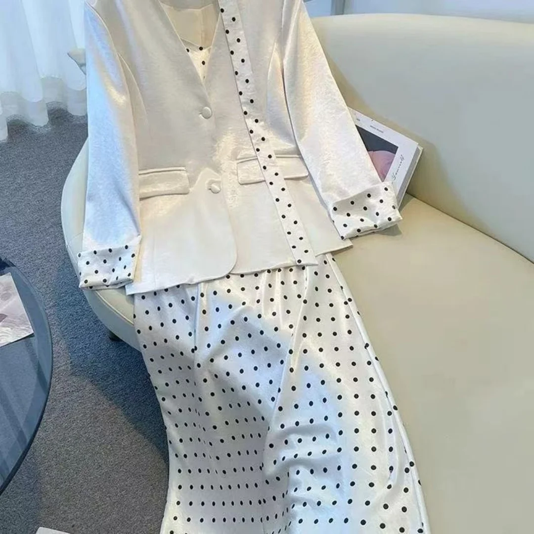 

Women's Elegant Suit Spring Autumn Fashion V-Neck Loose Long Sleeve Tops+ Polka Dot Camisold Dress Simple Commuting 2-Piece Set
