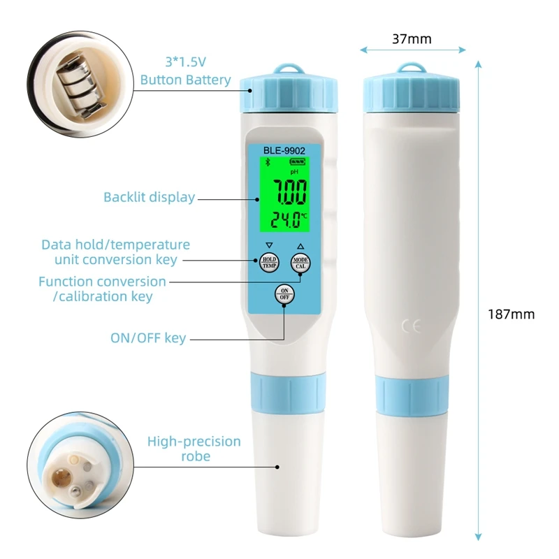 New Smart Bluetooth PH Meter PH Tester 0.01 PH High Accuracy Water Quality Tester With ATC: 3 In 1 PH EC Temp Meter