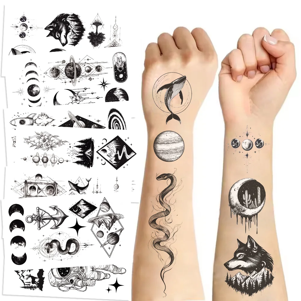 10 Sheets/Set Gadget Planet Cartoon Temporary Tattoo Cute Stickers Water Transfer Women Tattoo Black Moon Fake Tattoo Xmas Gifts