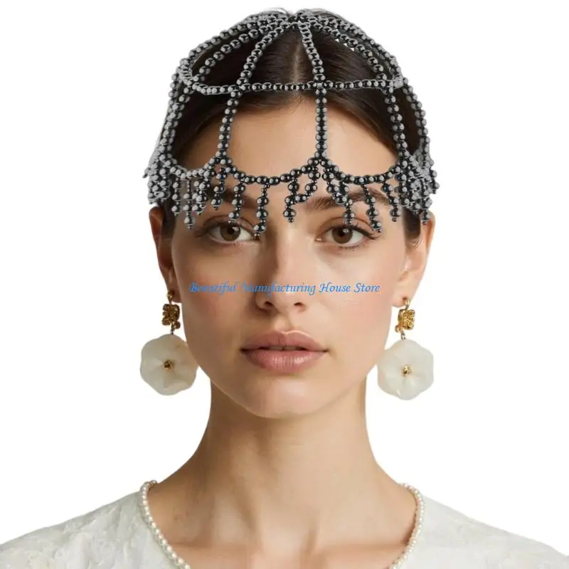 E56A Woven Pearls Tassels Hat Faux Pearls Embellished Hat Bridal Party Hair Accessory