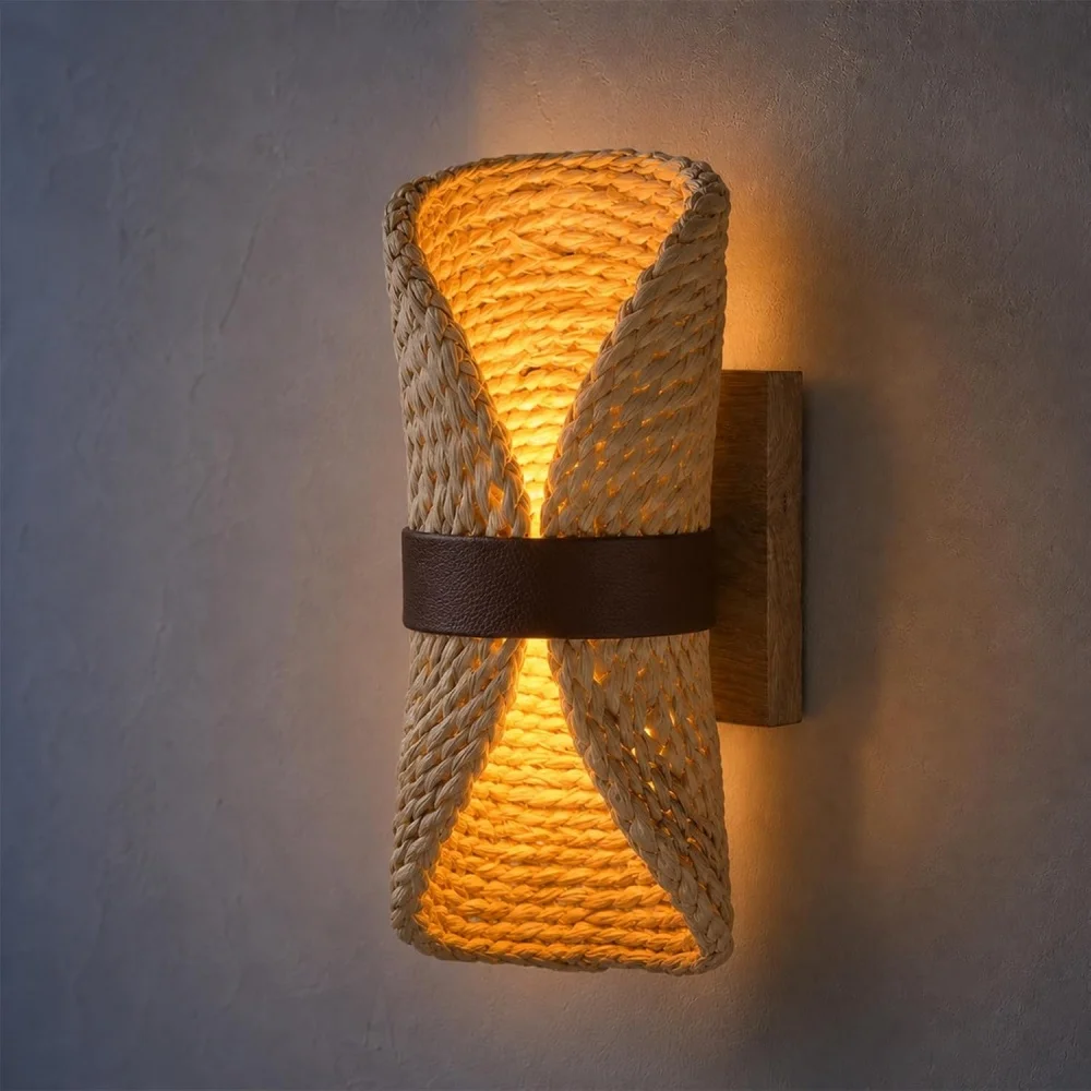 Hardwired Handmade Woven Rattan Wall Lamp with Wood Grain Base Farmhouse Rustic Style Wall Lights For Living Room Bedside Hallwa
