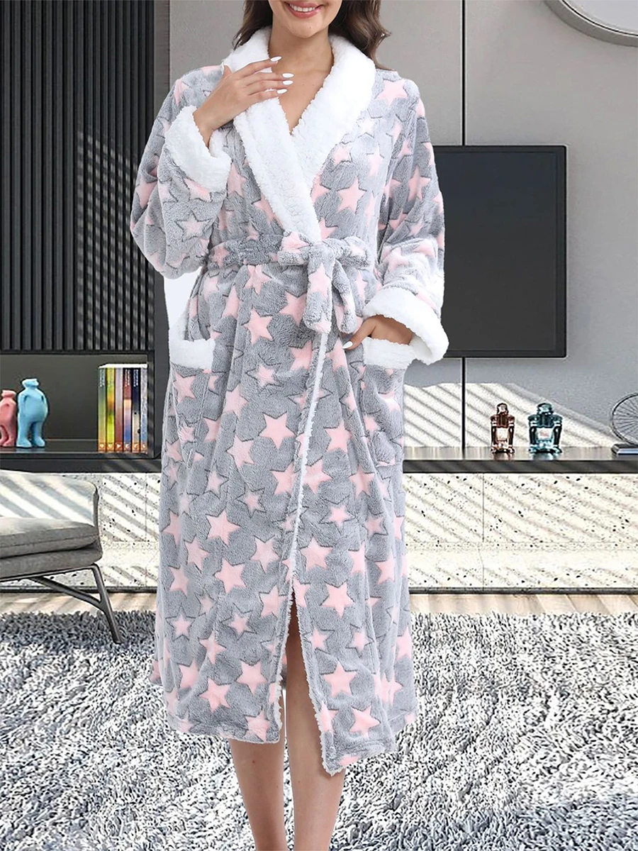 Women Shawl Collar Flannel Robes Plush Fall Winter Thick Long Sleeve Robes Soft Warm Spa Bathrobes Loungewear Travel Hotel