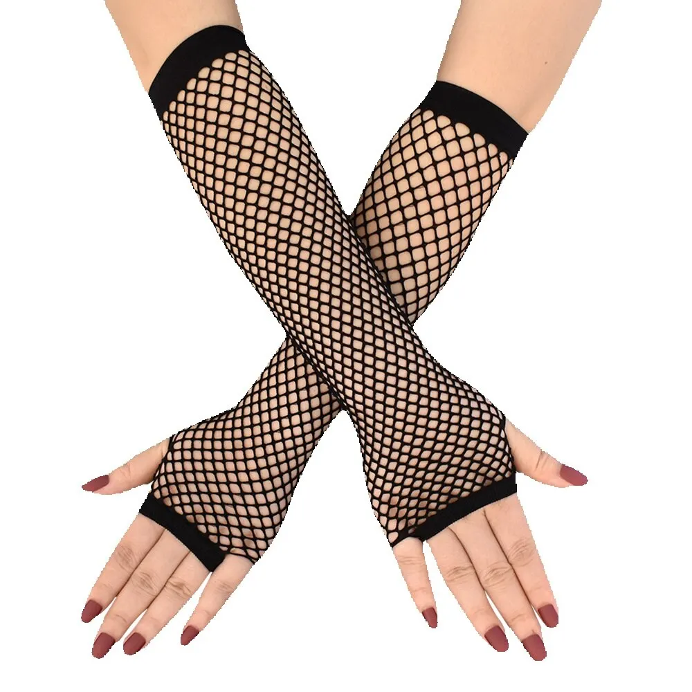 Sexy Women Medium Length Fishing Net Elastic Mesh Black White Ancient Party Long Punk Fingerless Nightclub Etiquette Gloves