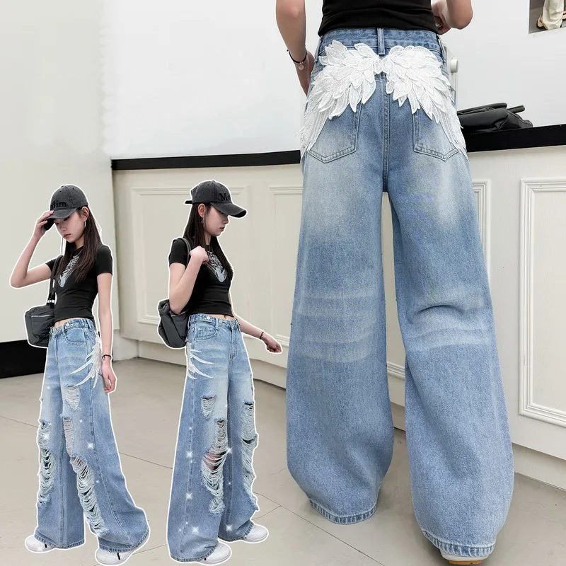 Teen Girls Ripped Jeans with Angel Wings Design Children's Straight-Leg Casual Denim Pants Spring Summer Kids Loose Fit Trousers