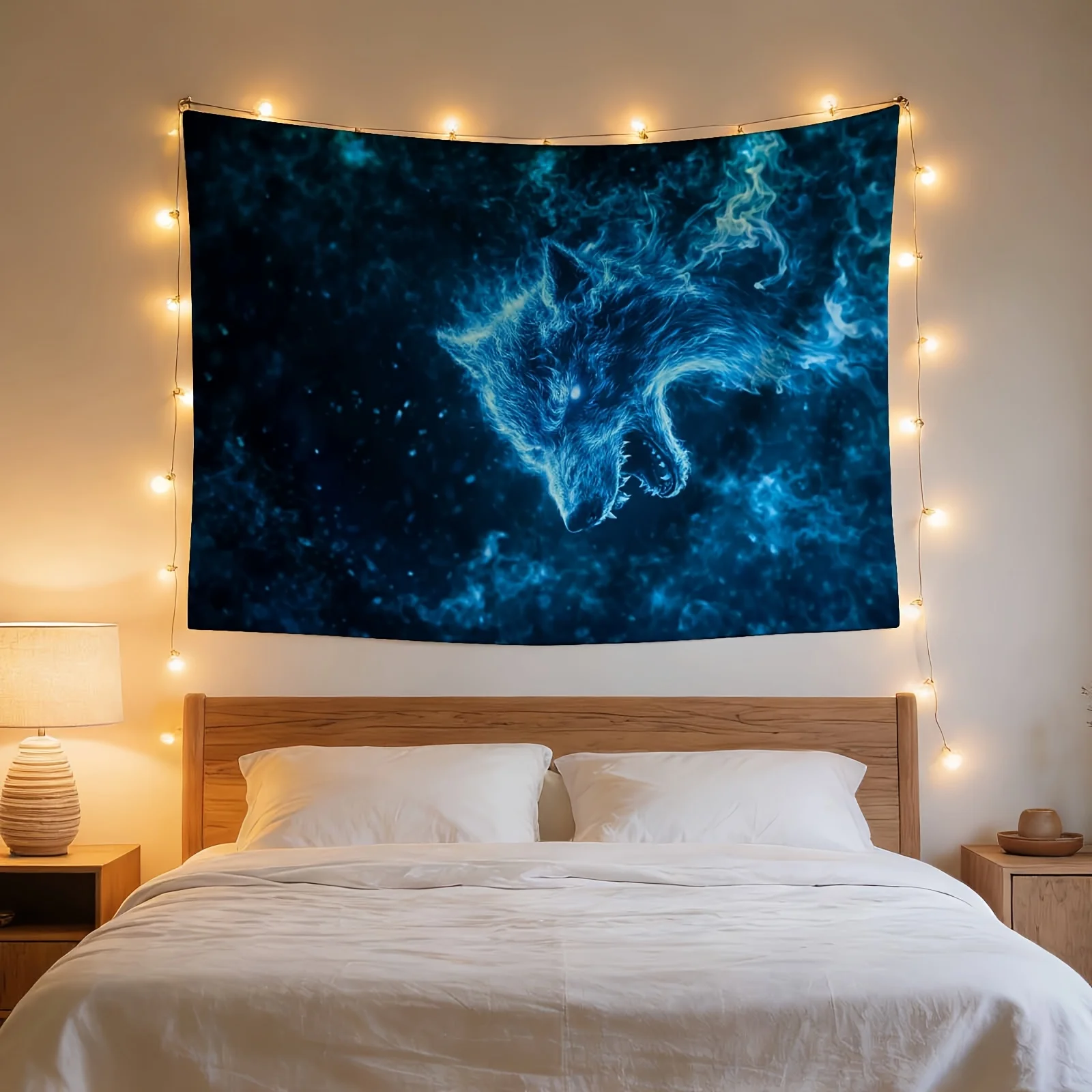 Cosmic Galaxy Wolf Tapestry Wall Decor Boho Bohemian Blue Mystic Animals Space Print Room Decoration Canvas Art for Bedroom Bath