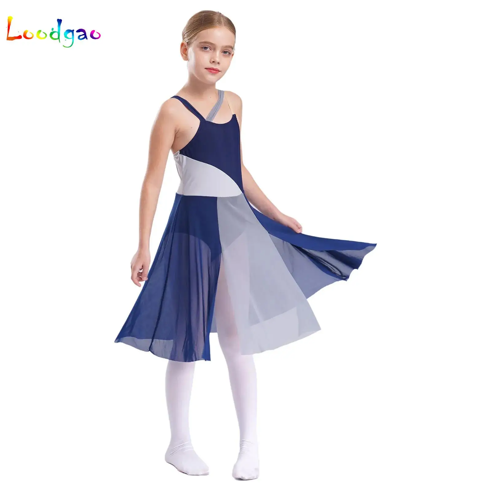 

Kids Girls Ballet Lyrical Dance Dress Rhythmic Gymnastics Jersey Sheer Mesh Figure Skating Modern Contemporary Leotard Costume